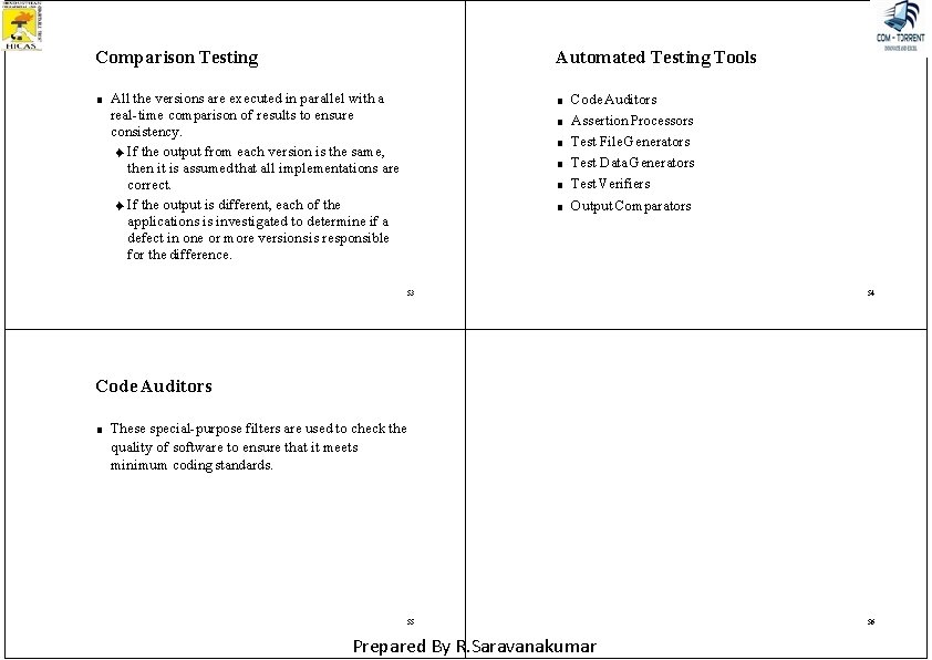 Comparison Testing ■ Automated Testing Tools All the versions are executed in parallel with