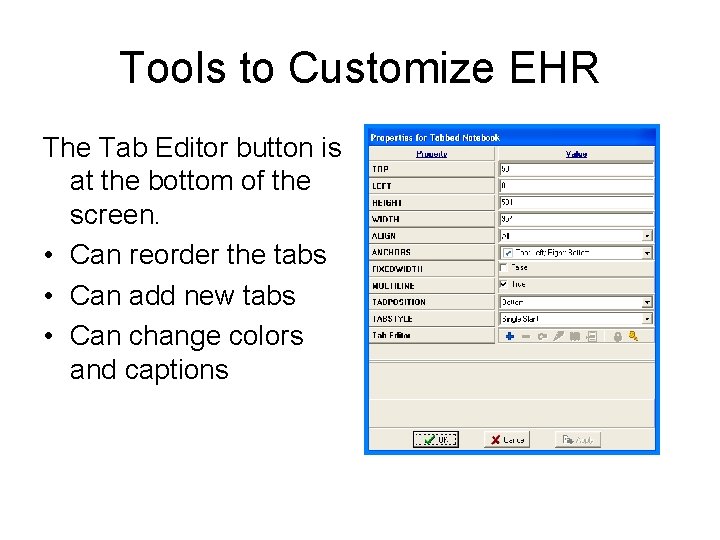 Tools to Customize EHR The Tab Editor button is at the bottom of the