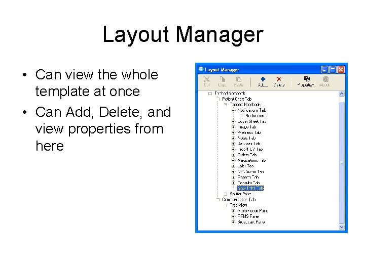 Layout Manager • Can view the whole template at once • Can Add, Delete,