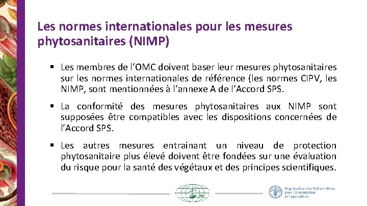 Les normes internationales pour les mesures phytosanitaires (NIMP) § Les membres de l’OMC doivent