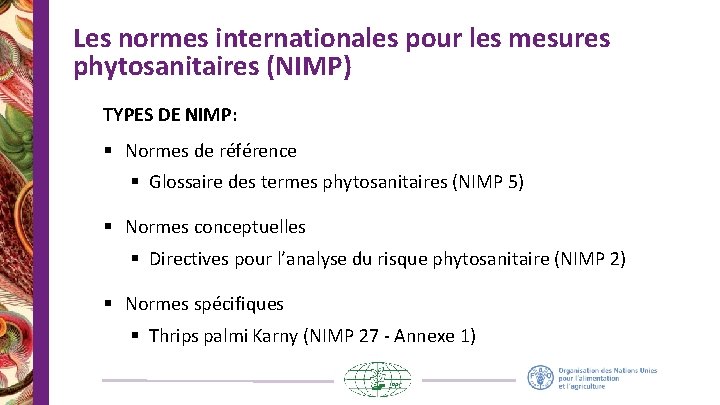 Les normes internationales pour les mesures phytosanitaires (NIMP) TYPES DE NIMP: § Normes de