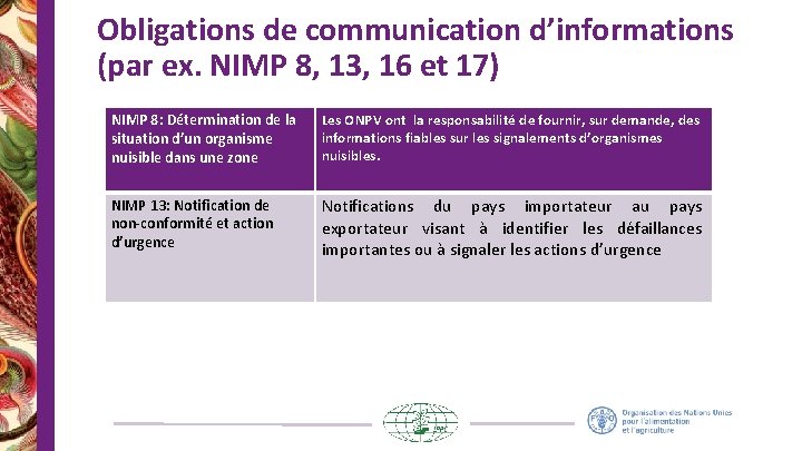 Obligations de communication d’informations (par ex. NIMP 8, 13, 16 et 17) NIMP 8: