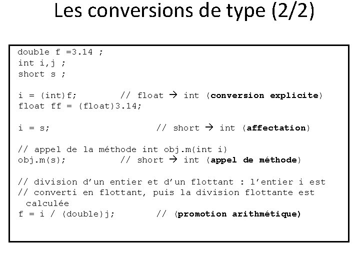 Les conversions de type (2/2) double f =3. 14 ; int i, j ;