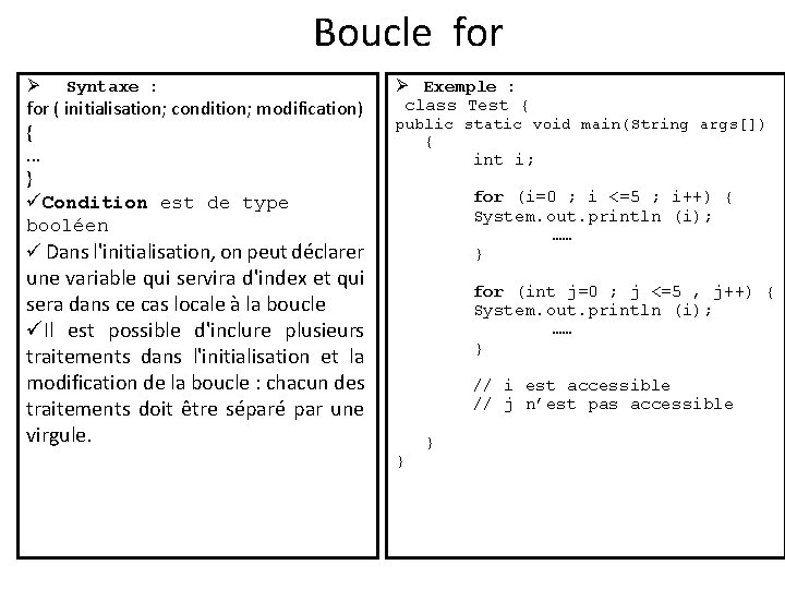 Boucle for Ø Syntaxe : for ( initialisation; condition; modification) {. . . }