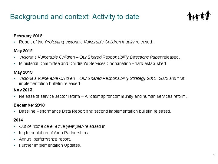 Background and context: Activity to date February 2012 • Report of the Protecting Victoria’s