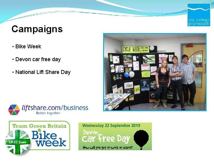 Campaigns • Bike Week • Devon car free day • National Lift Share Day