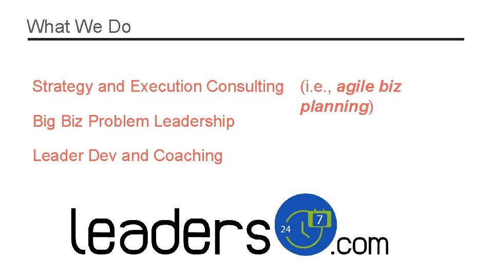 What We Do Strategy and Execution Consulting (i. e. , agile biz planning) Big