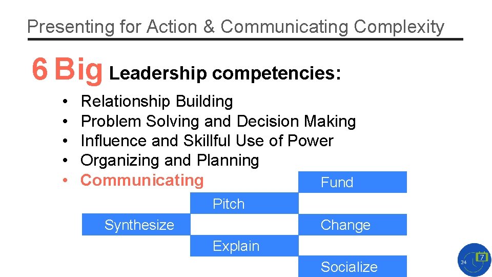 Presenting for Action & Communicating Complexity 6 Big Leadership competencies: • • • Relationship