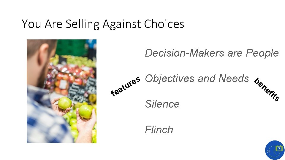 You Are Selling Against Choices Decision-Makers are People fea s e tur Objectives and