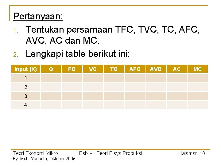 Pertanyaan: 1. Tentukan persamaan TFC, TVC, TC, AFC, AVC, AC dan MC. 2. Lengkapi Pertanyaan: 1. Tentukan persamaan TFC, TVC, TC, AFC, AVC, AC dan MC. 2. Lengkapi