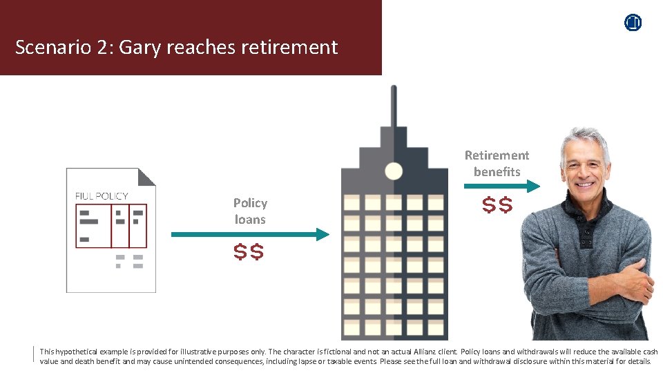Scenario 2: Gary reaches retirement Retirement benefits Policy loans This hypothetical example is provided Scenario 2: Gary reaches retirement Retirement benefits Policy loans This hypothetical example is provided