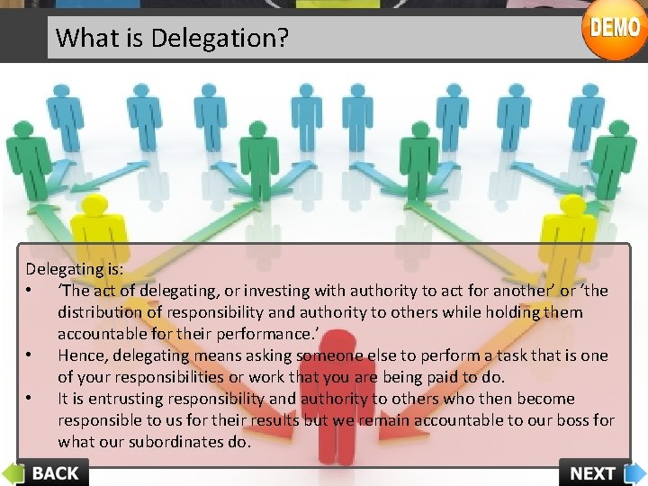 What is Delegation? Delegating is: • ‘The act of delegating, or investing with authority