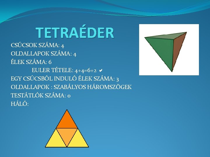 TETRAÉDER CSÚCSOK SZÁMA: 4 OLDALLAPOK SZÁMA: 4 ÉLEK SZÁMA: 6 EULER TÉTELE: 4+4=6+2 EGY