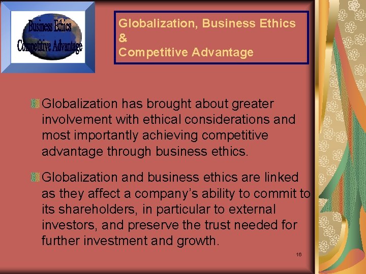 Globalization, Business Ethics & Competitive Advantage Globalization has brought about greater involvement with ethical