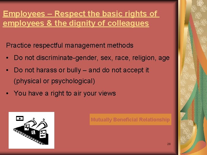 Employees – Respect the basic rights of employees & the dignity of colleagues Practice