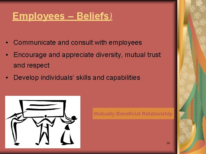 Employees – Beliefs) • Communicate and consult with employees • Encourage and appreciate diversity,