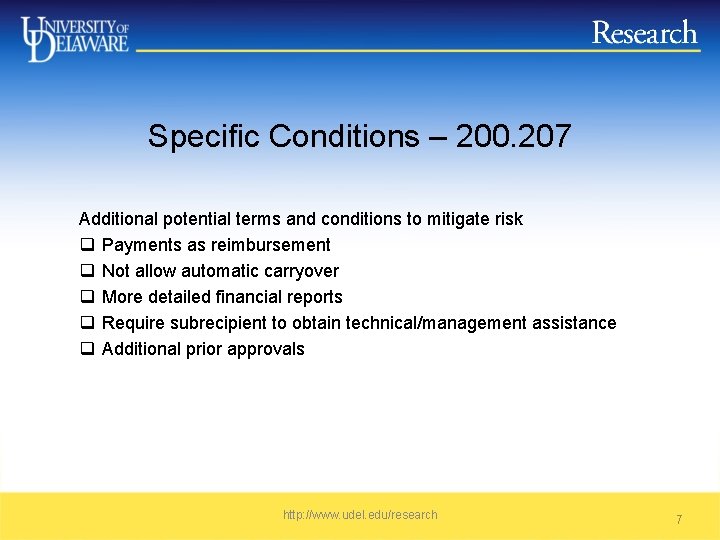 Specific Conditions – 200. 207 Additional potential terms and conditions to mitigate risk q
