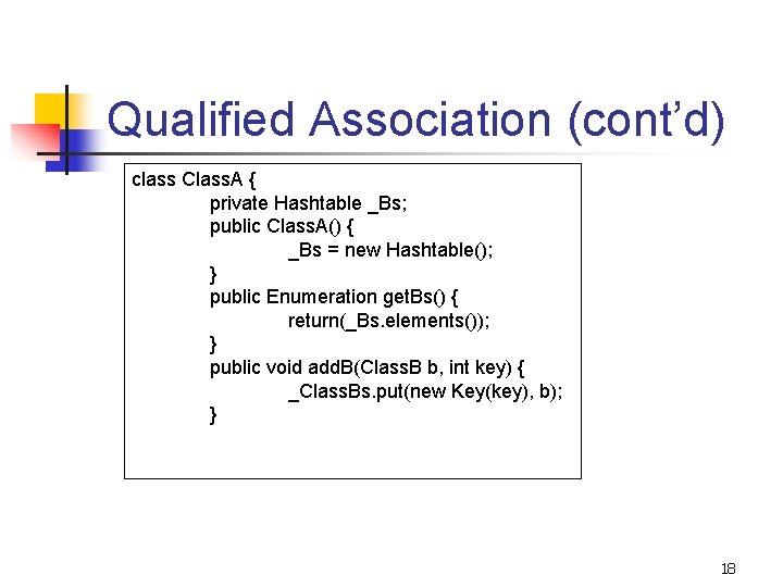 Qualified Association (cont’d) class Class. A { private Hashtable _Bs; public Class. A() {