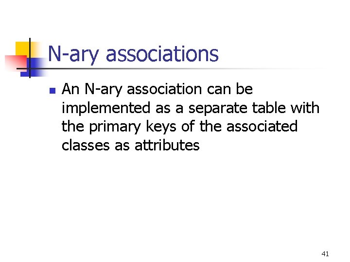 N-ary associations n An N-ary association can be implemented as a separate table with