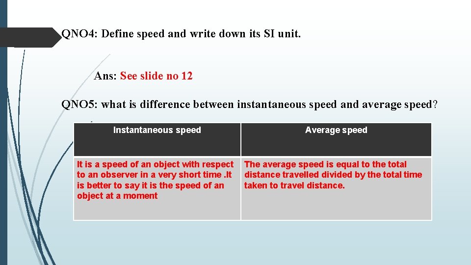 QNO 4: Define speed and write down its SI unit. Ans: See slide no
