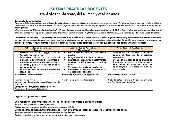 BUENAS PRÁCTICAS DOCENTES Actividades del docente, del alumno y evaluaciones. 