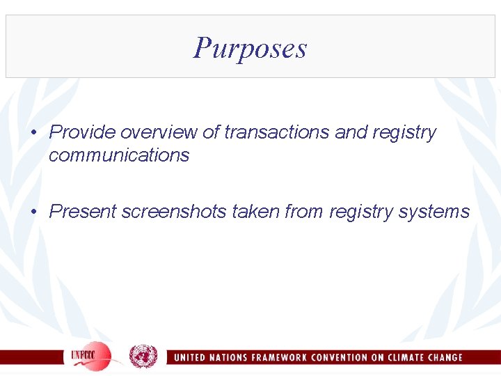 Purposes • Provide overview of transactions and registry communications • Present screenshots taken from