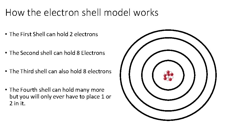 How the electron shell model works • The First Shell can hold 2 electrons