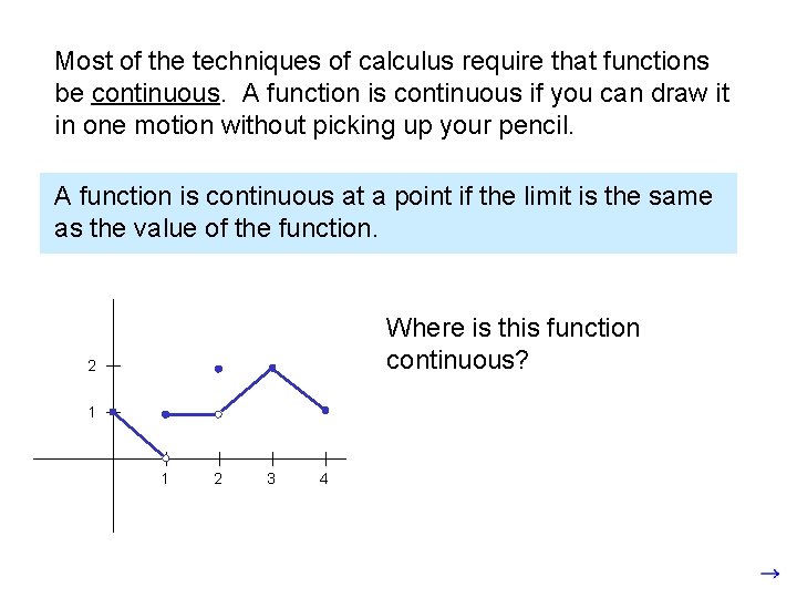 Most of the techniques of calculus require that functions be continuous. A function is