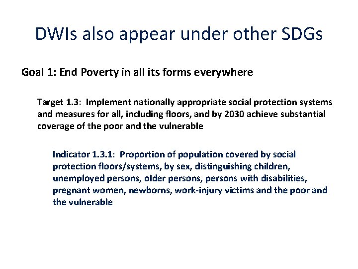 DWIs also appear under other SDGs Goal 1: End Poverty in all its forms