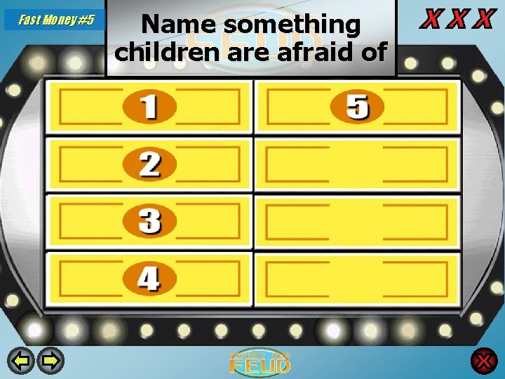 Fast Money #5 Name something children are afraid of The Dark 30 Clowns 24