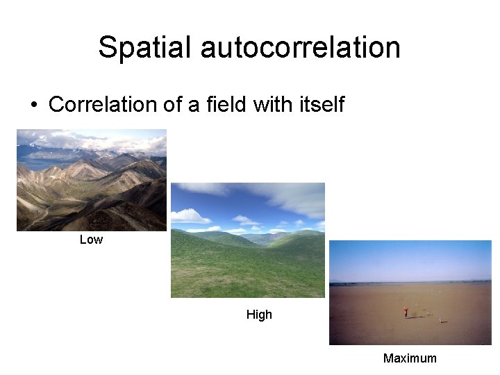 Spatial autocorrelation • Correlation of a field with itself Low High Maximum 
