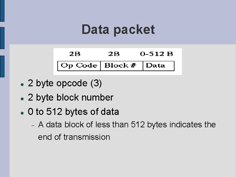 Data packet 2 byte opcode (3) 2 byte block number 0 to 512 bytes