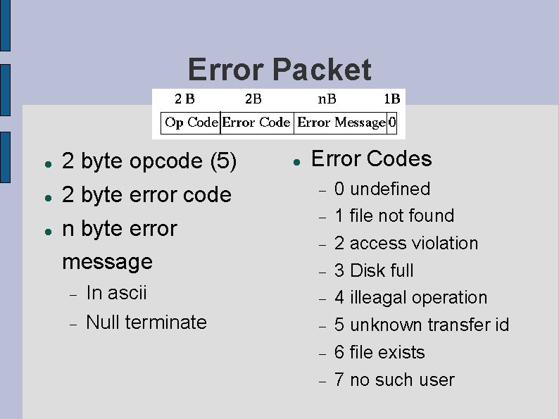 Error Packet 2 byte opcode (5) 2 byte error code n byte error message