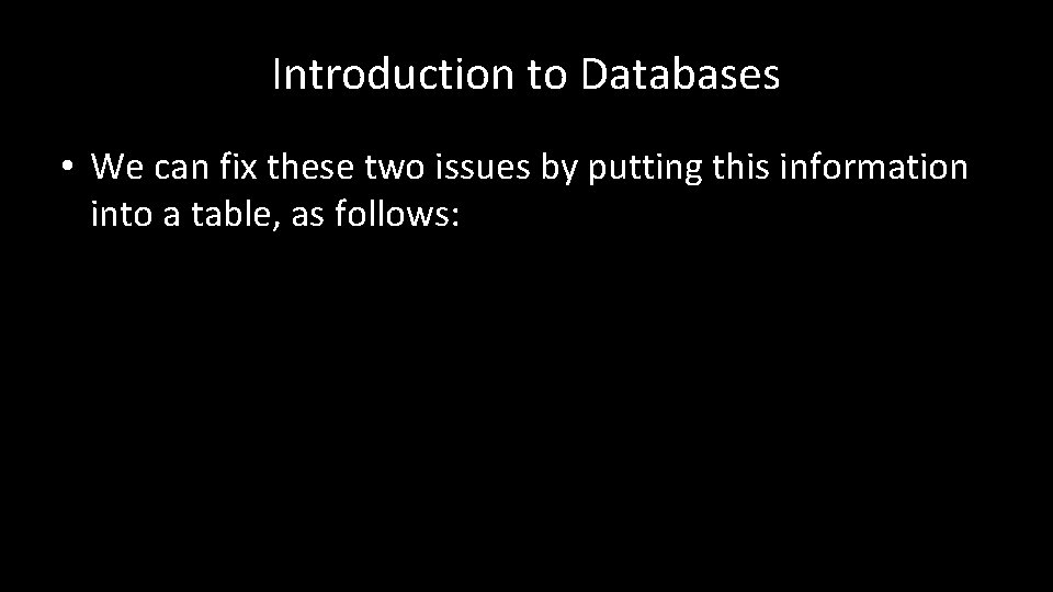 Introduction to Databases • We can fix these two issues by putting this information