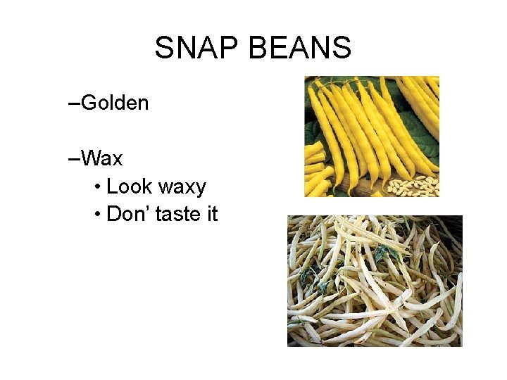 SNAP BEANS – Golden – Wax • Look waxy • Don’ taste it 