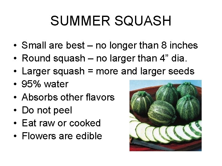 SUMMER SQUASH • • Small are best – no longer than 8 inches Round