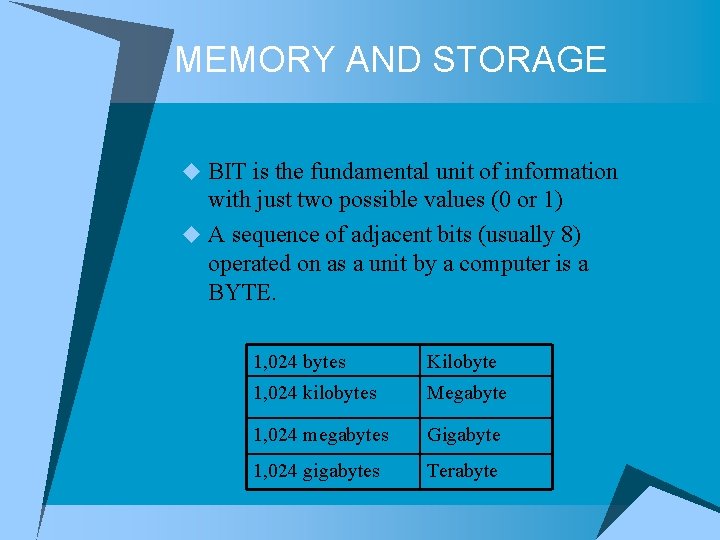 MEMORY AND STORAGE u BIT is the fundamental unit of information with just two MEMORY AND STORAGE u BIT is the fundamental unit of information with just two