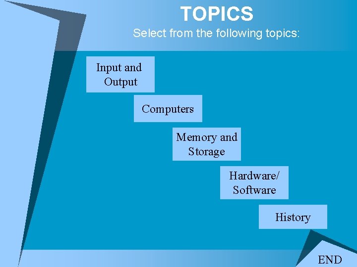 TOPICS Select from the following topics: Input and Output Computers Memory and Storage Hardware/ TOPICS Select from the following topics: Input and Output Computers Memory and Storage Hardware/
