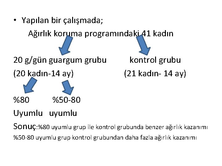  • Yapılan bir çalışmada; Ağırlık koruma programındaki 41 kadın 20 g/gün guargum grubu