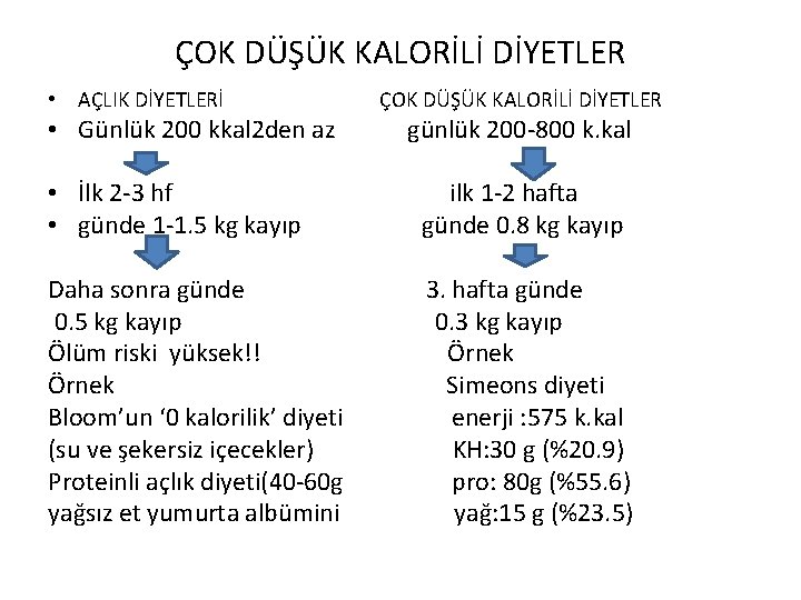 ÇOK DÜŞÜK KALORİLİ DİYETLER • AÇLIK DİYETLERİ • Günlük 200 kkal 2 den az