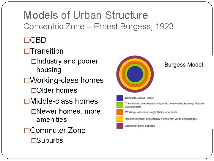 Models of Urban Structure Concentric Zone – Ernest Burgess, 1923 �CBD �Transition �Industry and