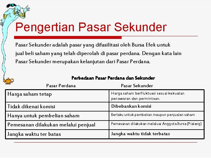 Pengertian Pasar Sekunder adalah pasar yang difasilitasi oleh Bursa Efek untuk jual beli saham