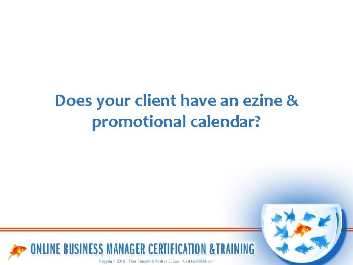 Does your client have an ezine & promotional calendar? Copyright 2010 Tina Forsyth &