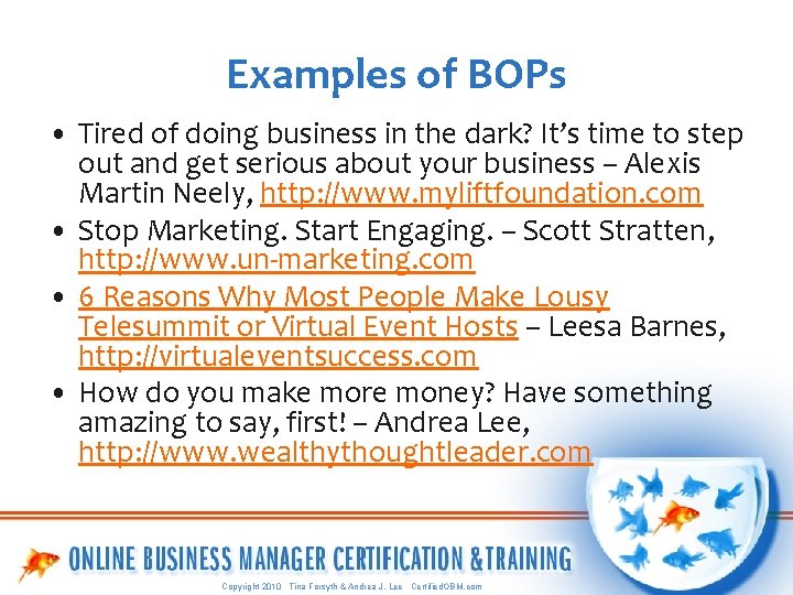 Examples of BOPs • Tired of doing business in the dark? It’s time to