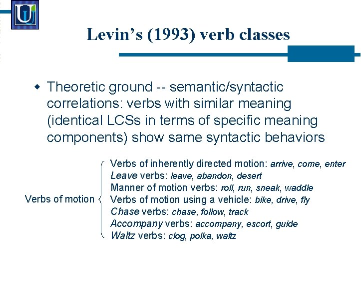 Levin’s (1993) verb classes Theoretic ground -- semantic/syntactic correlations: verbs with similar meaning (identical
