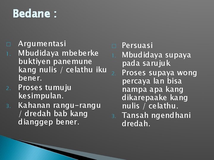 Bedane : � 1. 2. 3. Argumentasi Mbudidaya mbeberke buktiyen panemune kang nulis /