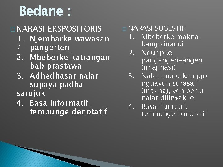 Bedane : � NARASI EKSPOSITORIS 1. Njembarke wawasan / pangerten 2. Mbeberke katrangan bab