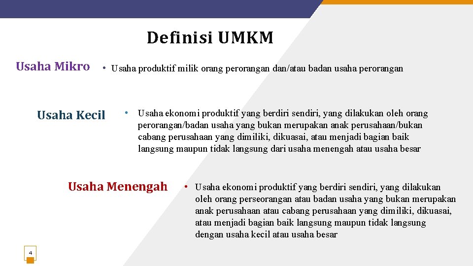 Definisi UMKM Usaha Mikro • Usaha produktif milik orang perorangan dan/atau badan usaha perorangan