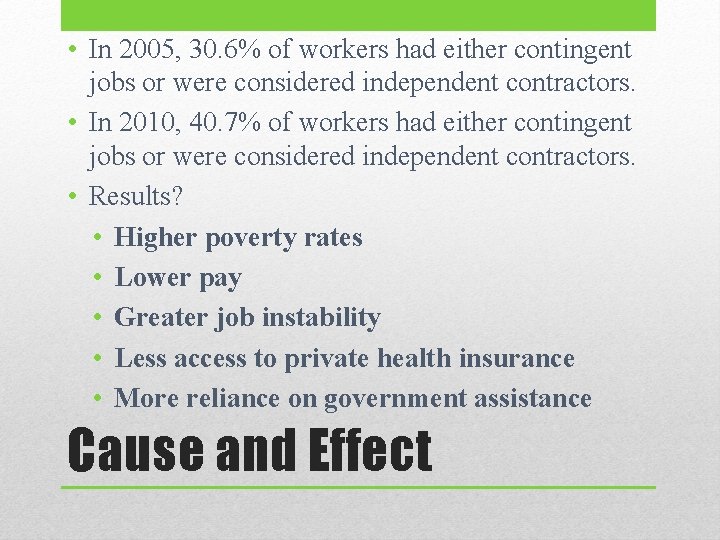  • In 2005, 30. 6% of workers had either contingent jobs or were