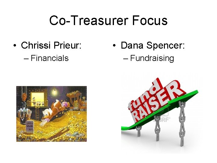 Co-Treasurer Focus • Chrissi Prieur: • Dana Spencer: – Financials – Fundraising 